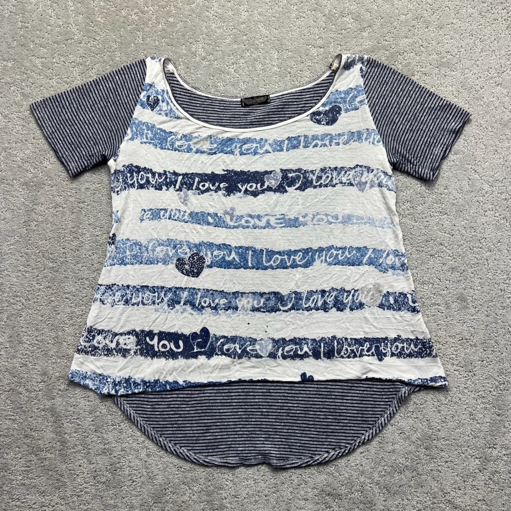 VINTAGE Y2k Vanilla Sugar Top Womens Small Blue White Striped Hearts High Low